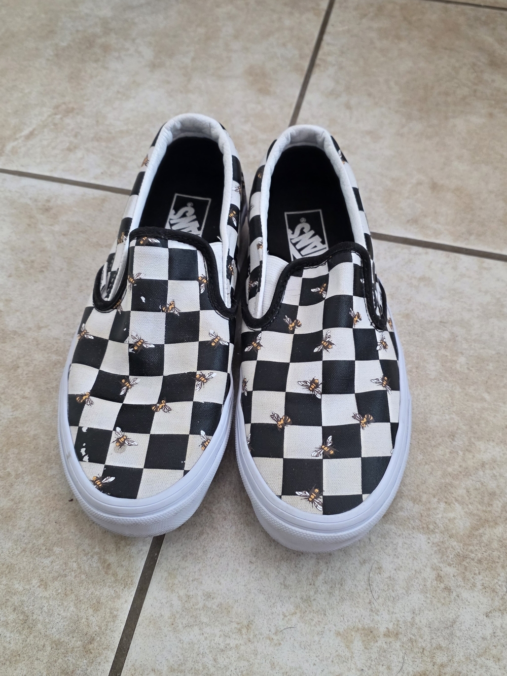 Vans Checkerboard Slip-On Sneakers with Bee Motif - Black/White/Gold